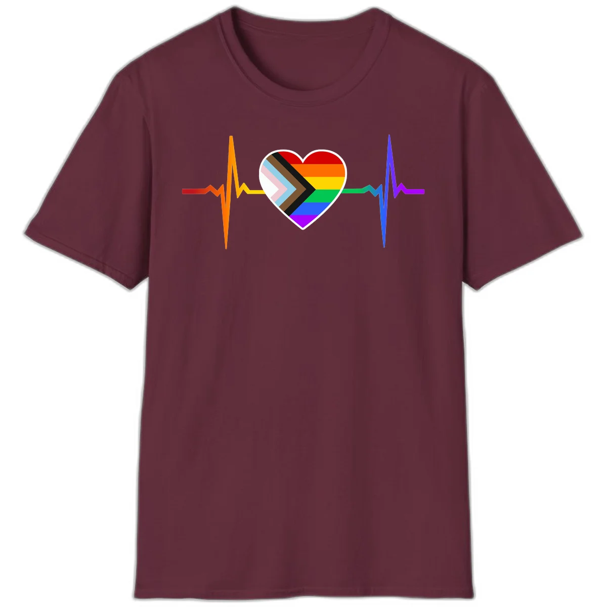 Progress pride heartbeat design featuring a rainbow heart with progress chevron arrow and electrocardiogram pulse line in Maroon
