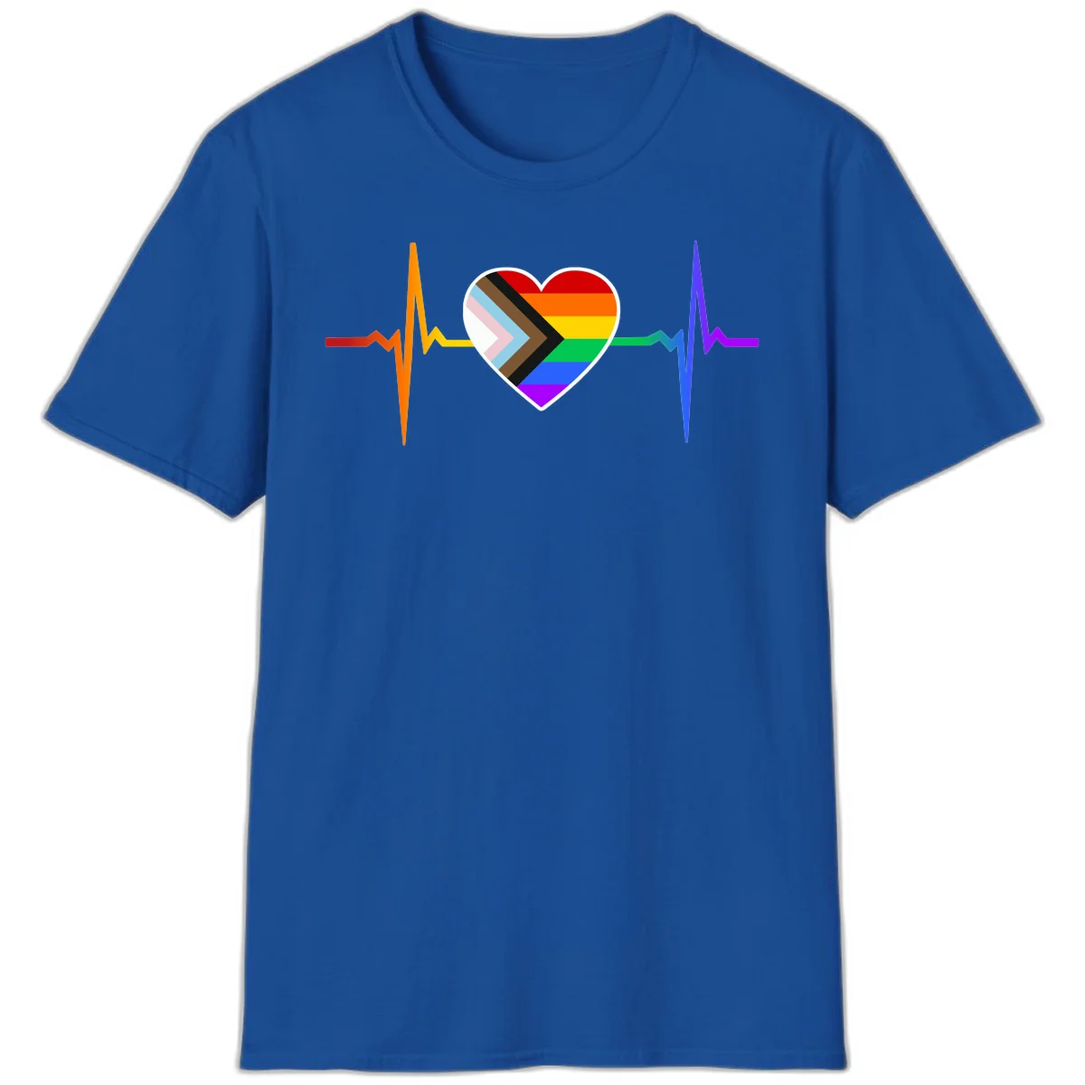 Progress pride heartbeat design featuring a rainbow heart with progress chevron arrow and electrocardiogram pulse line in Royal