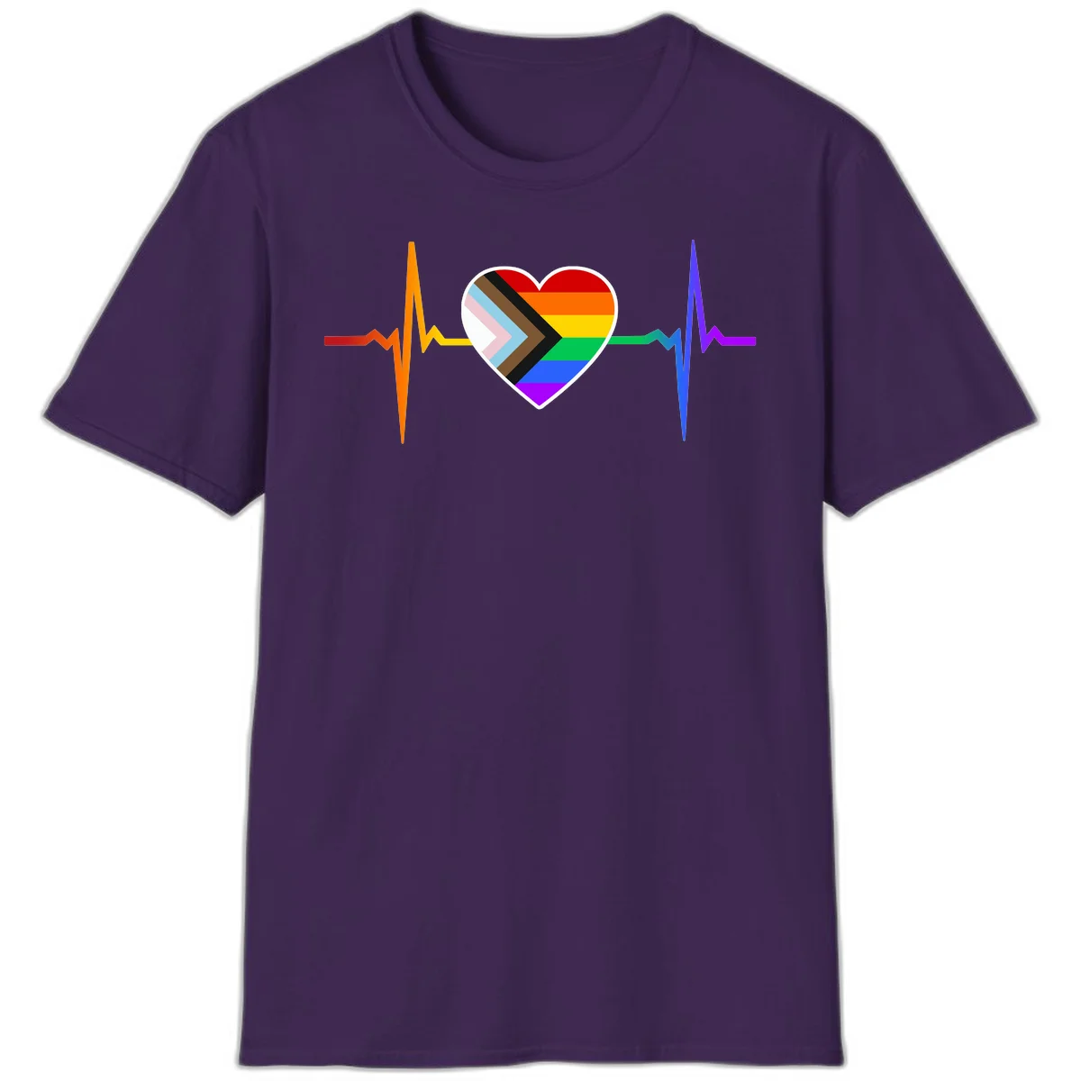 Progress pride heartbeat design featuring a rainbow heart with progress chevron arrow and electrocardiogram pulse line in Purple