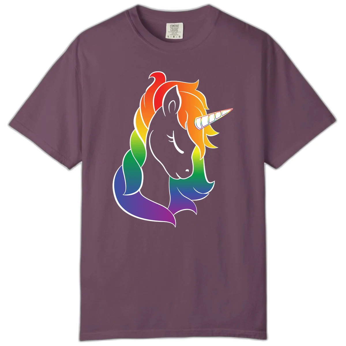 Rainbow pride unicorn illustration with gray head, multicolor mane and tail, and spiral horn in red, orange, yellow, green, blue, and purple in Berry