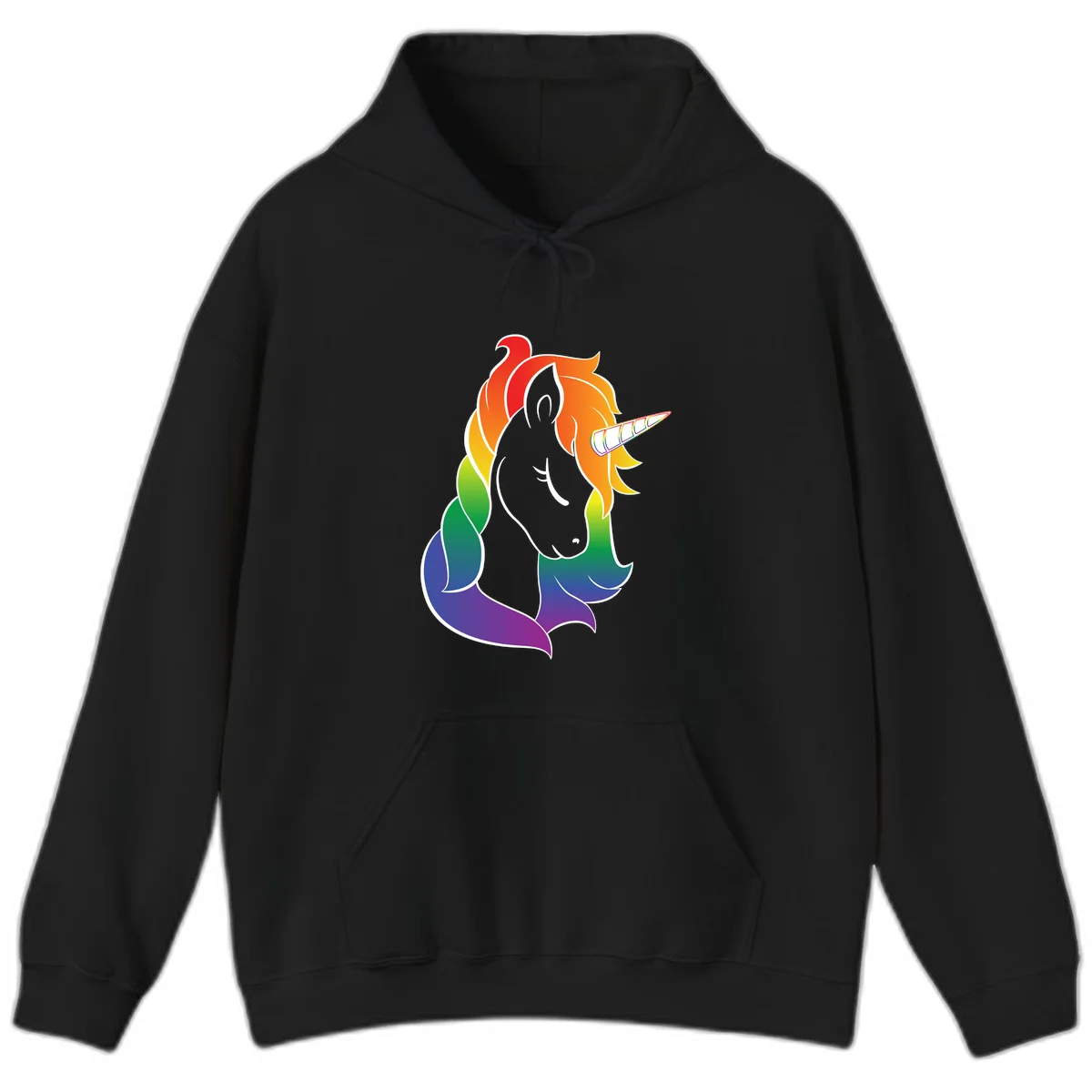 Rainbow pride unicorn illustration with gray head, multicolor mane and tail, and spiral horn in red, orange, yellow, green, blue, and purple in Black