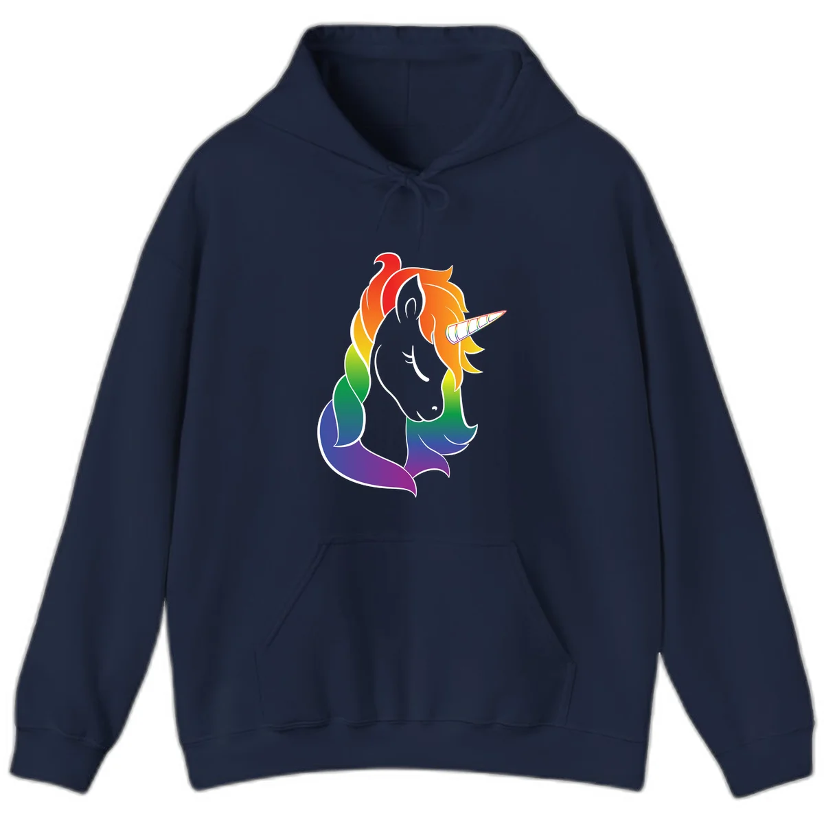 Rainbow pride unicorn illustration with gray head, multicolor mane and tail, and spiral horn in red, orange, yellow, green, blue, and purple in Navy