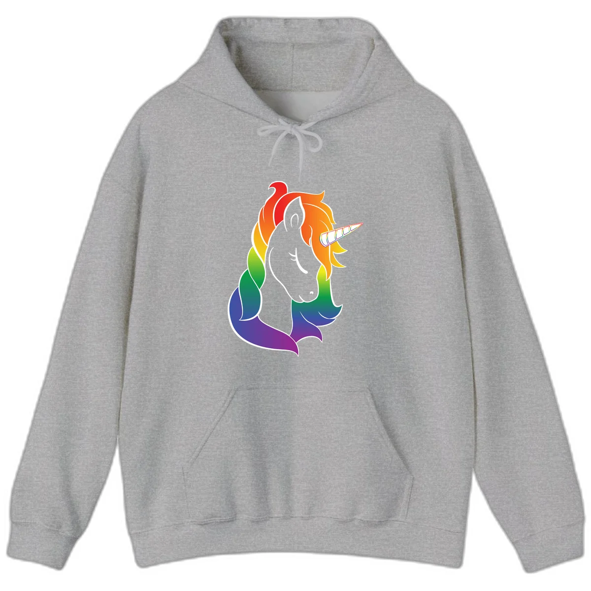 Rainbow pride unicorn illustration with gray head, multicolor mane and tail, and spiral horn in red, orange, yellow, green, blue, and purple in Sport Grey