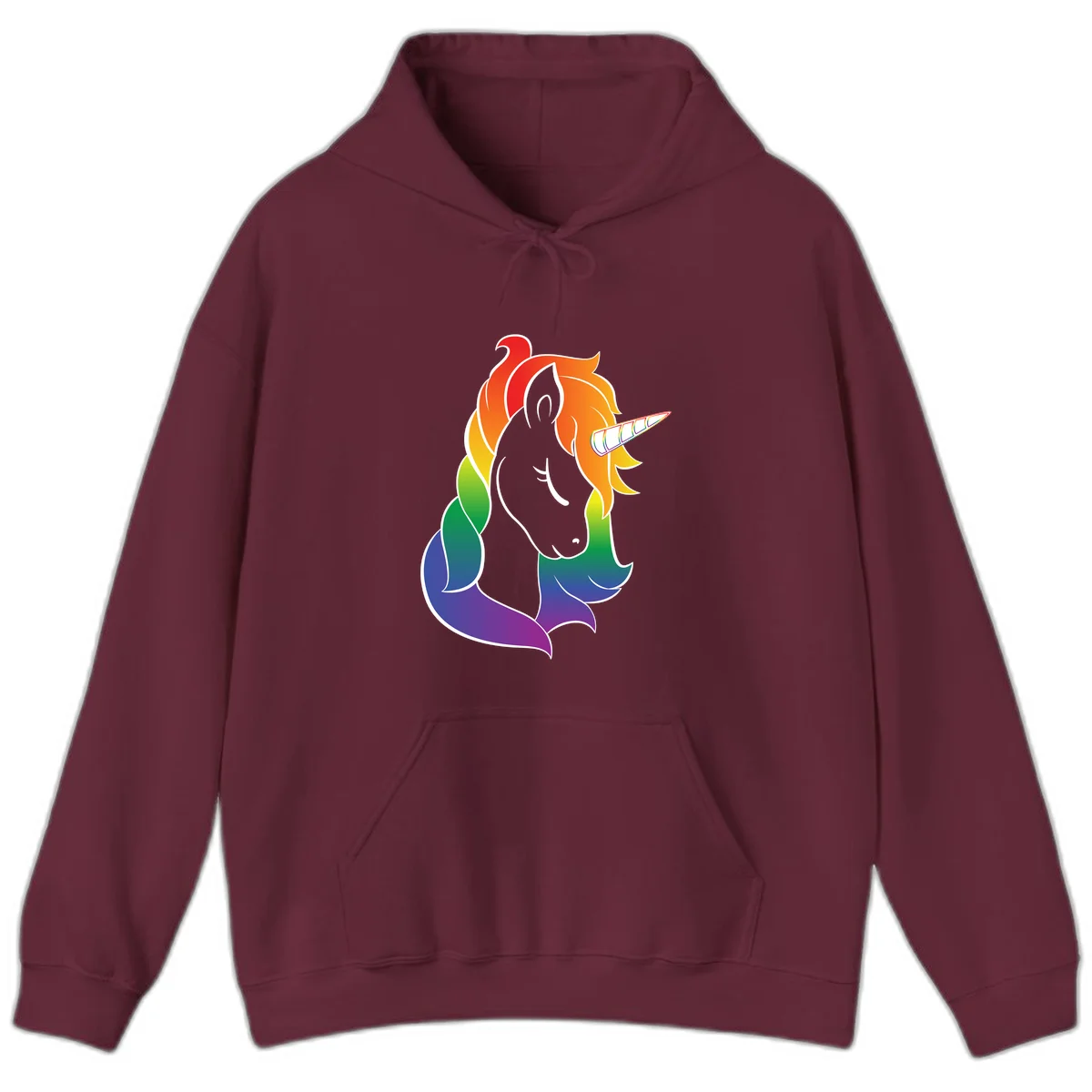 Rainbow pride unicorn illustration with gray head, multicolor mane and tail, and spiral horn in red, orange, yellow, green, blue, and purple in Maroon