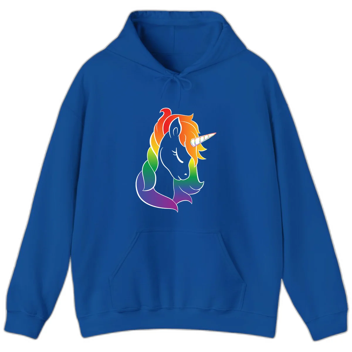 Rainbow pride unicorn illustration with gray head, multicolor mane and tail, and spiral horn in red, orange, yellow, green, blue, and purple in Royal