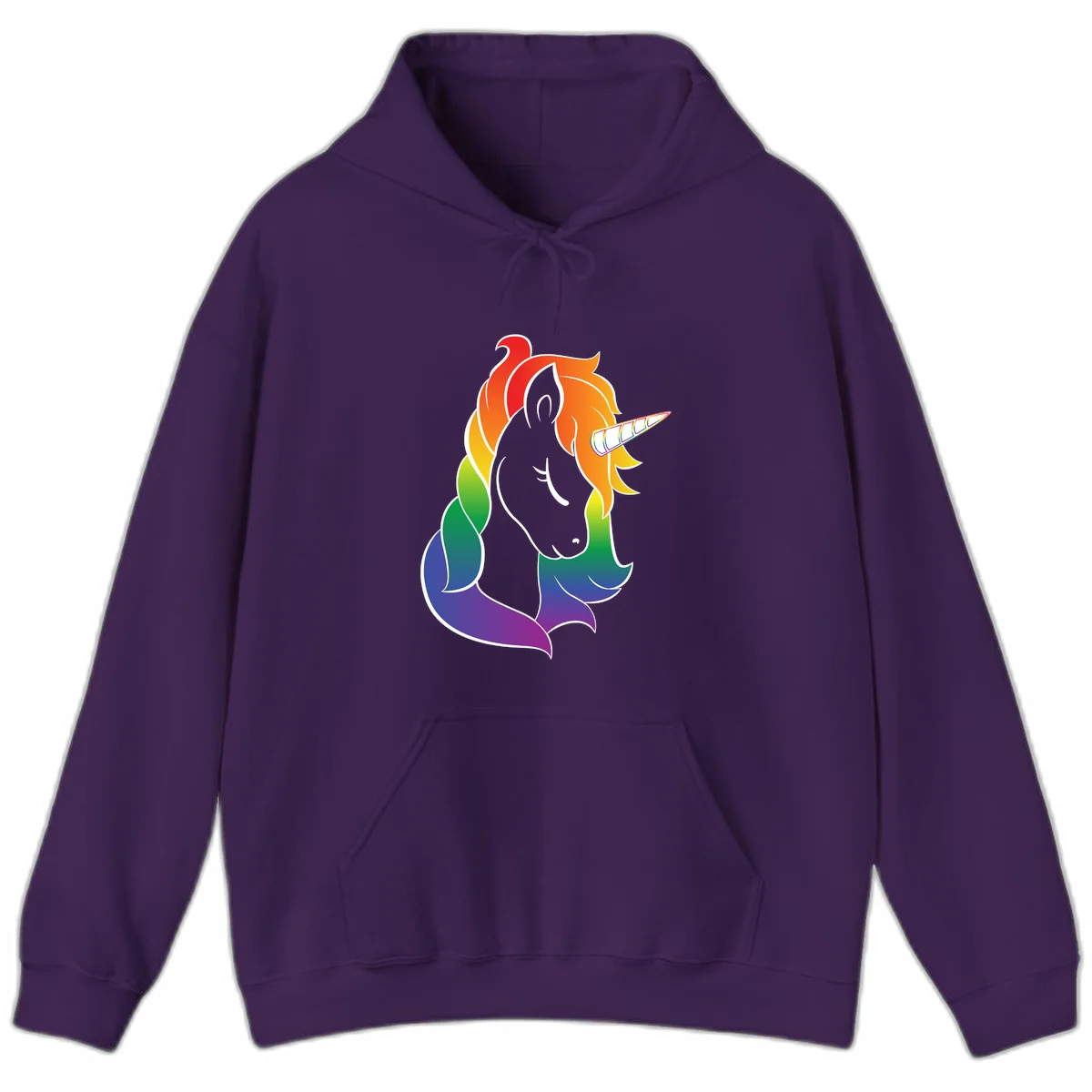 Rainbow pride unicorn illustration with gray head, multicolor mane and tail, and spiral horn in red, orange, yellow, green, blue, and purple in Purple