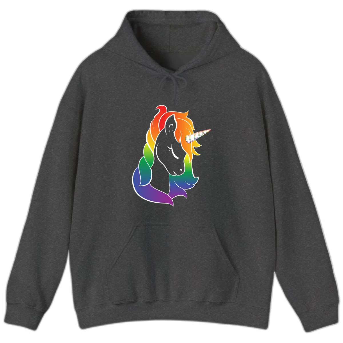 Rainbow pride unicorn illustration with gray head, multicolor mane and tail, and spiral horn in red, orange, yellow, green, blue, and purple in Dark Heather