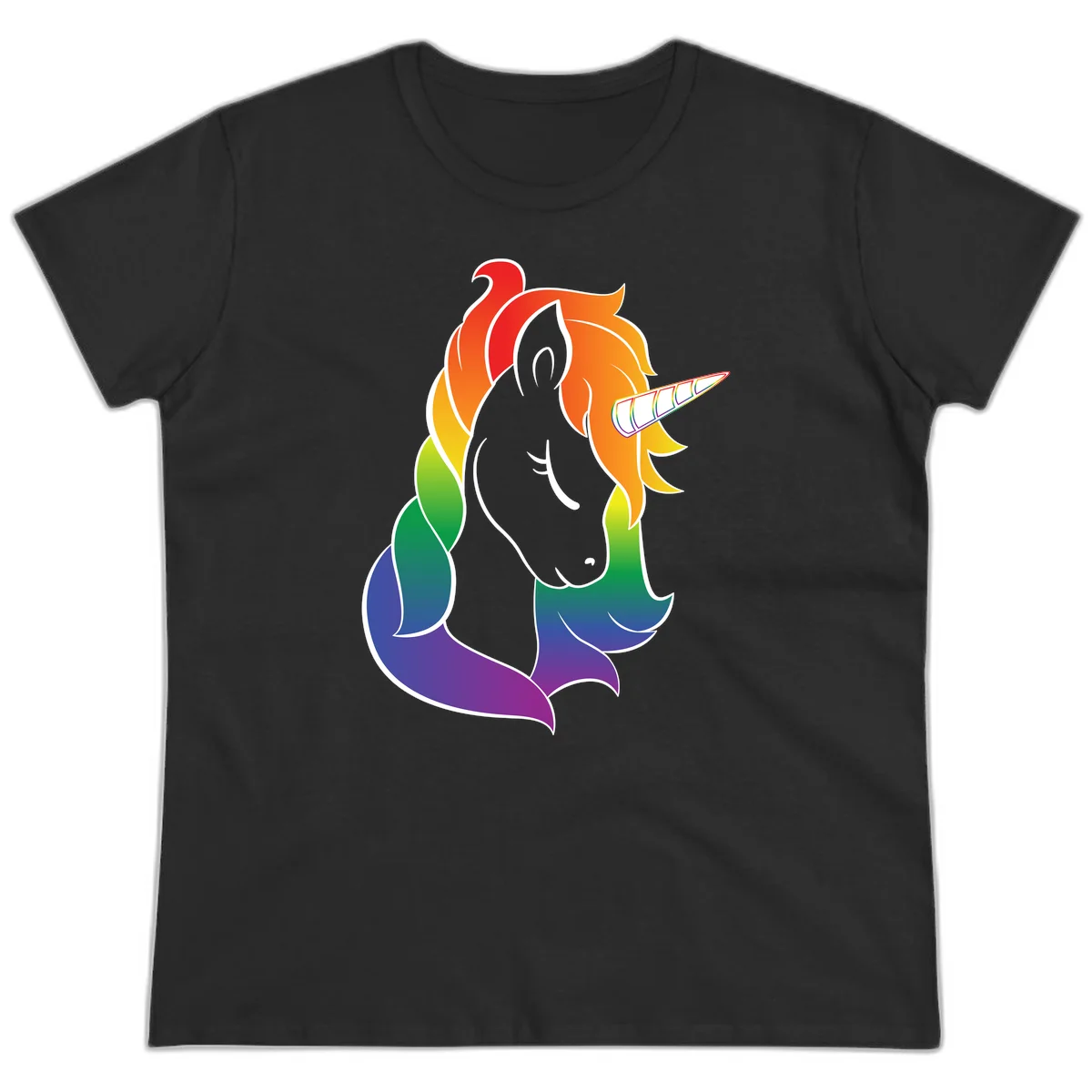 Rainbow pride unicorn illustration with gray head, multicolor mane and tail, and spiral horn in red, orange, yellow, green, blue, and purple in Black