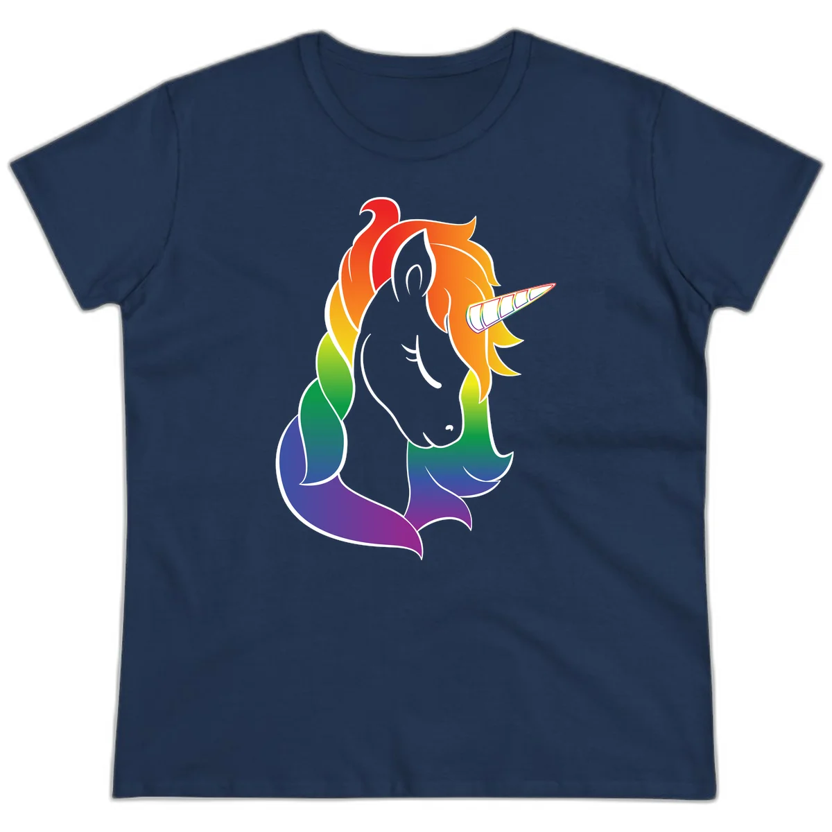 Rainbow pride unicorn illustration with gray head, multicolor mane and tail, and spiral horn in red, orange, yellow, green, blue, and purple in Navy