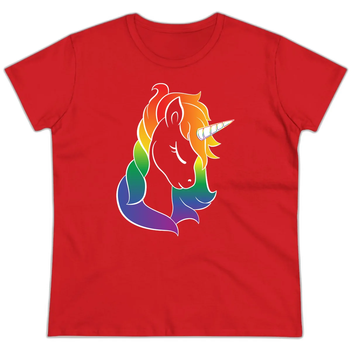 Rainbow pride unicorn illustration with gray head, multicolor mane and tail, and spiral horn in red, orange, yellow, green, blue, and purple in Red