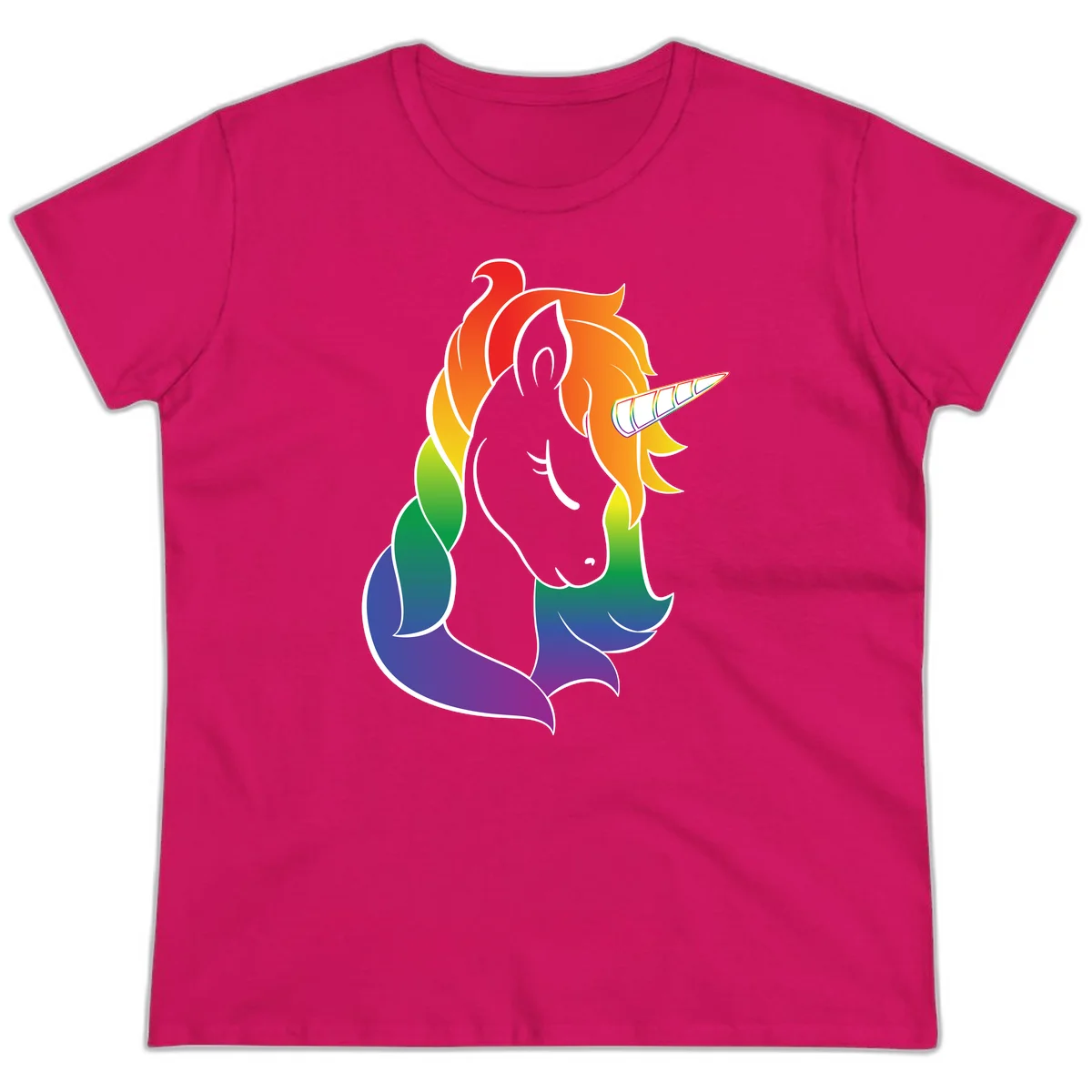Rainbow pride unicorn illustration with gray head, multicolor mane and tail, and spiral horn in red, orange, yellow, green, blue, and purple in Heliconia