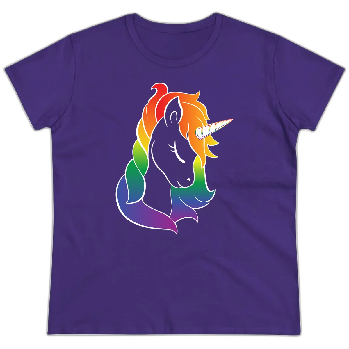 Rainbow pride unicorn illustration with gray head, multicolor mane and tail, and spiral horn in red, orange, yellow, green, blue, and purple in Purple