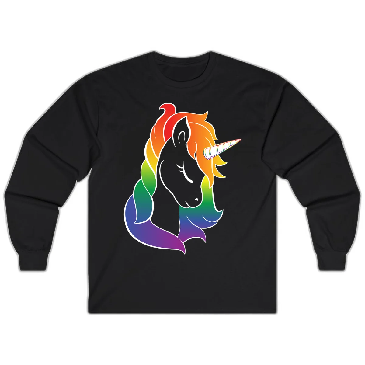 Rainbow pride unicorn illustration with gray head, multicolor mane and tail, and spiral horn in red, orange, yellow, green, blue, and purple in Black