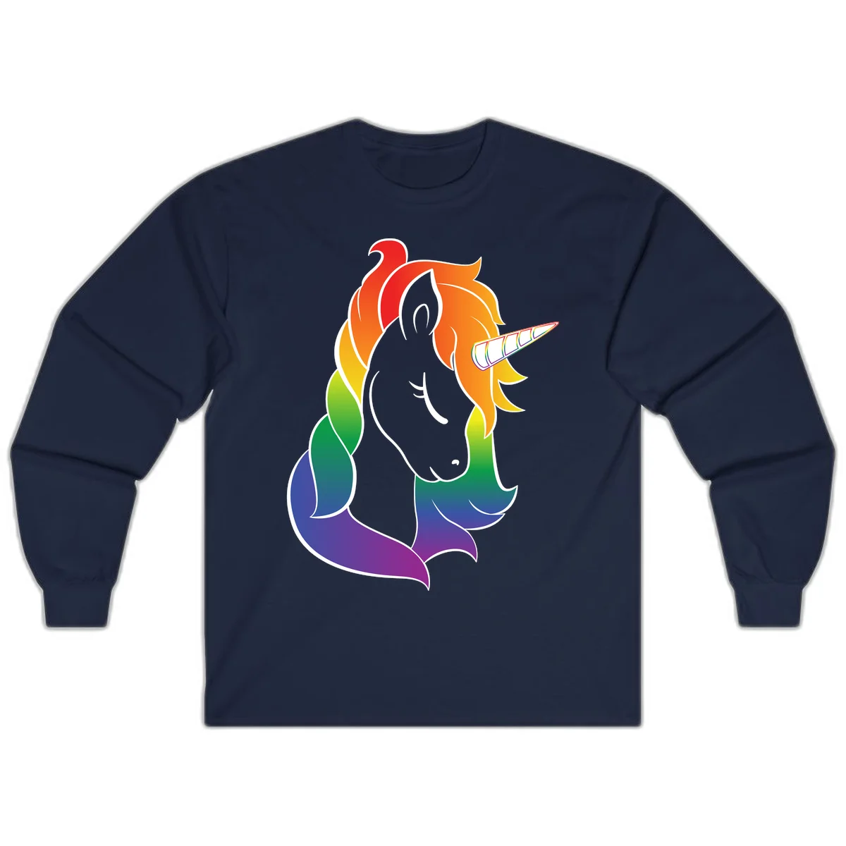 Rainbow pride unicorn illustration with gray head, multicolor mane and tail, and spiral horn in red, orange, yellow, green, blue, and purple in Navy