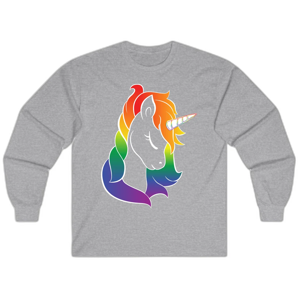 Rainbow pride unicorn illustration with gray head, multicolor mane and tail, and spiral horn in red, orange, yellow, green, blue, and purple in Sport Grey