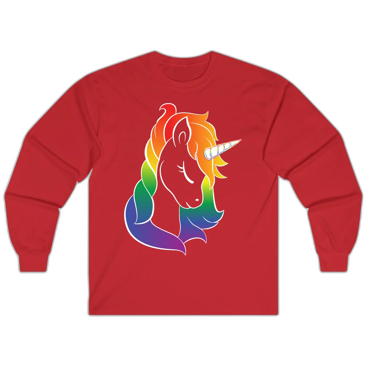 Rainbow pride unicorn illustration with gray head, multicolor mane and tail, and spiral horn in red, orange, yellow, green, blue, and purple in Red