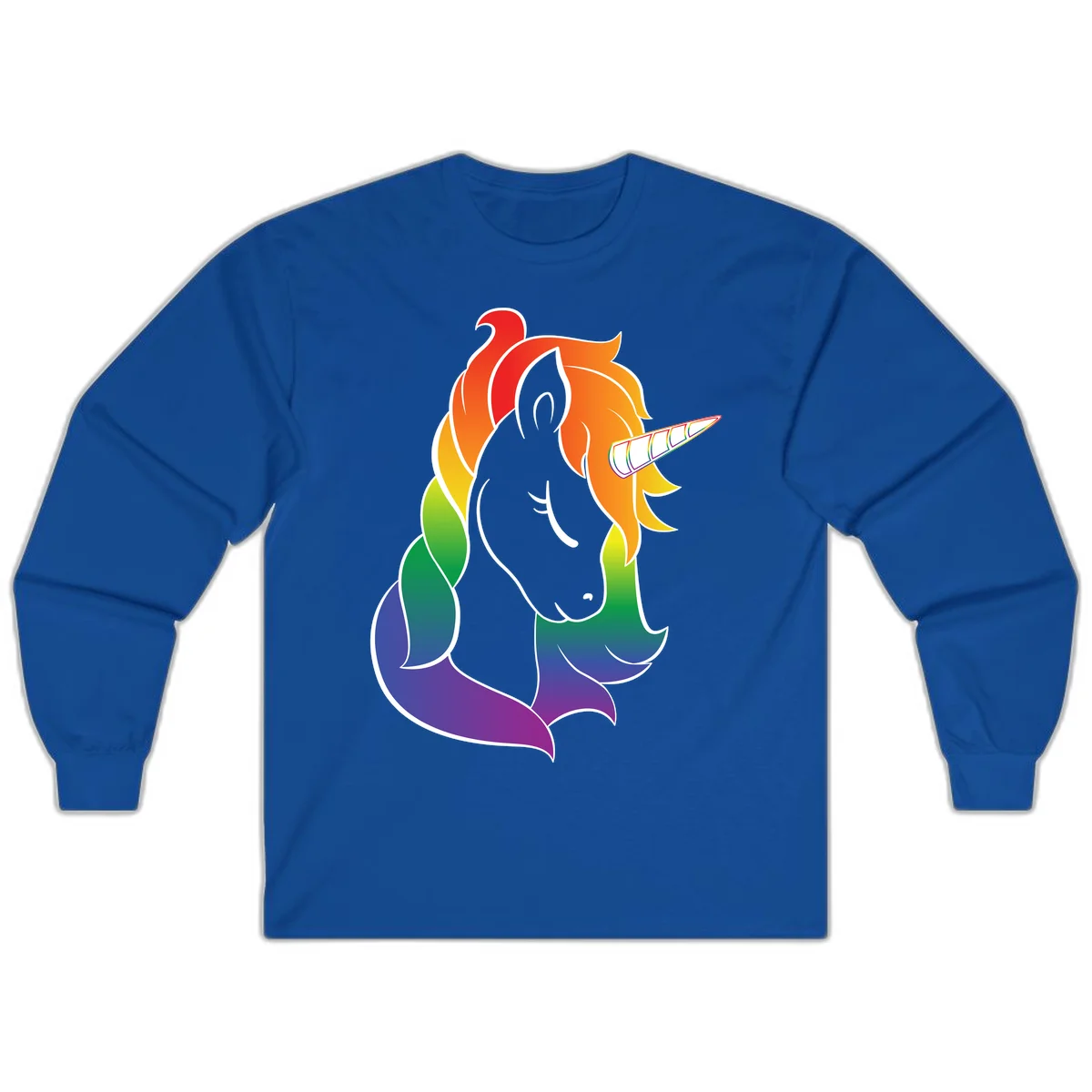 Rainbow pride unicorn illustration with gray head, multicolor mane and tail, and spiral horn in red, orange, yellow, green, blue, and purple in Royal