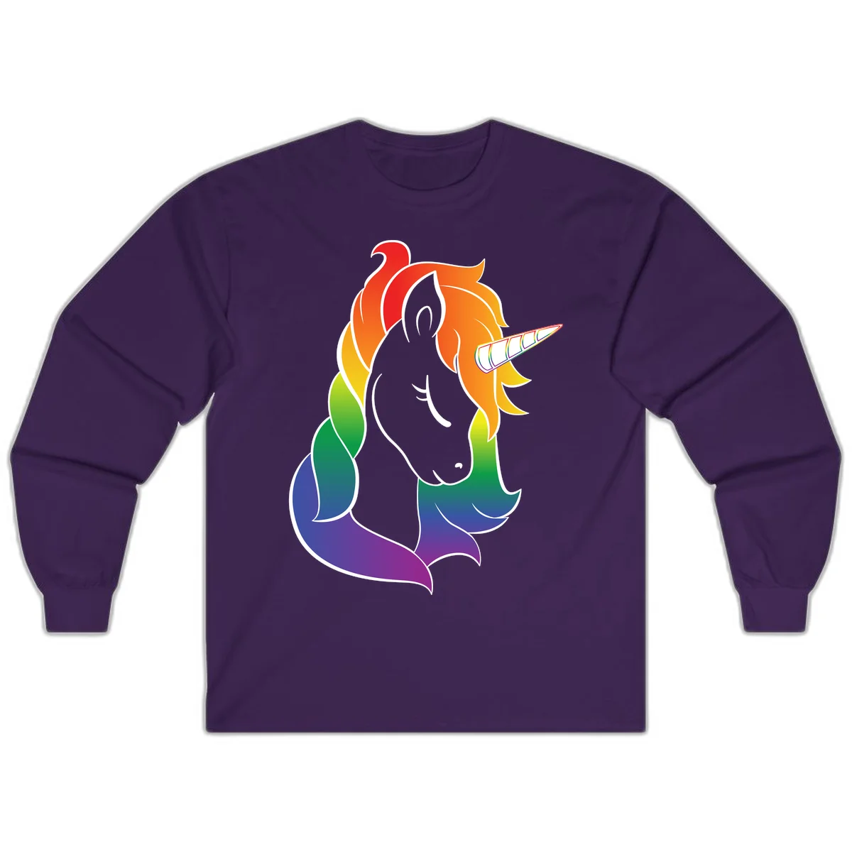 Rainbow pride unicorn illustration with gray head, multicolor mane and tail, and spiral horn in red, orange, yellow, green, blue, and purple in Purple