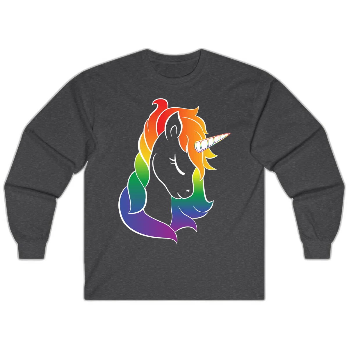 Rainbow pride unicorn illustration with gray head, multicolor mane and tail, and spiral horn in red, orange, yellow, green, blue, and purple in Dark Heather