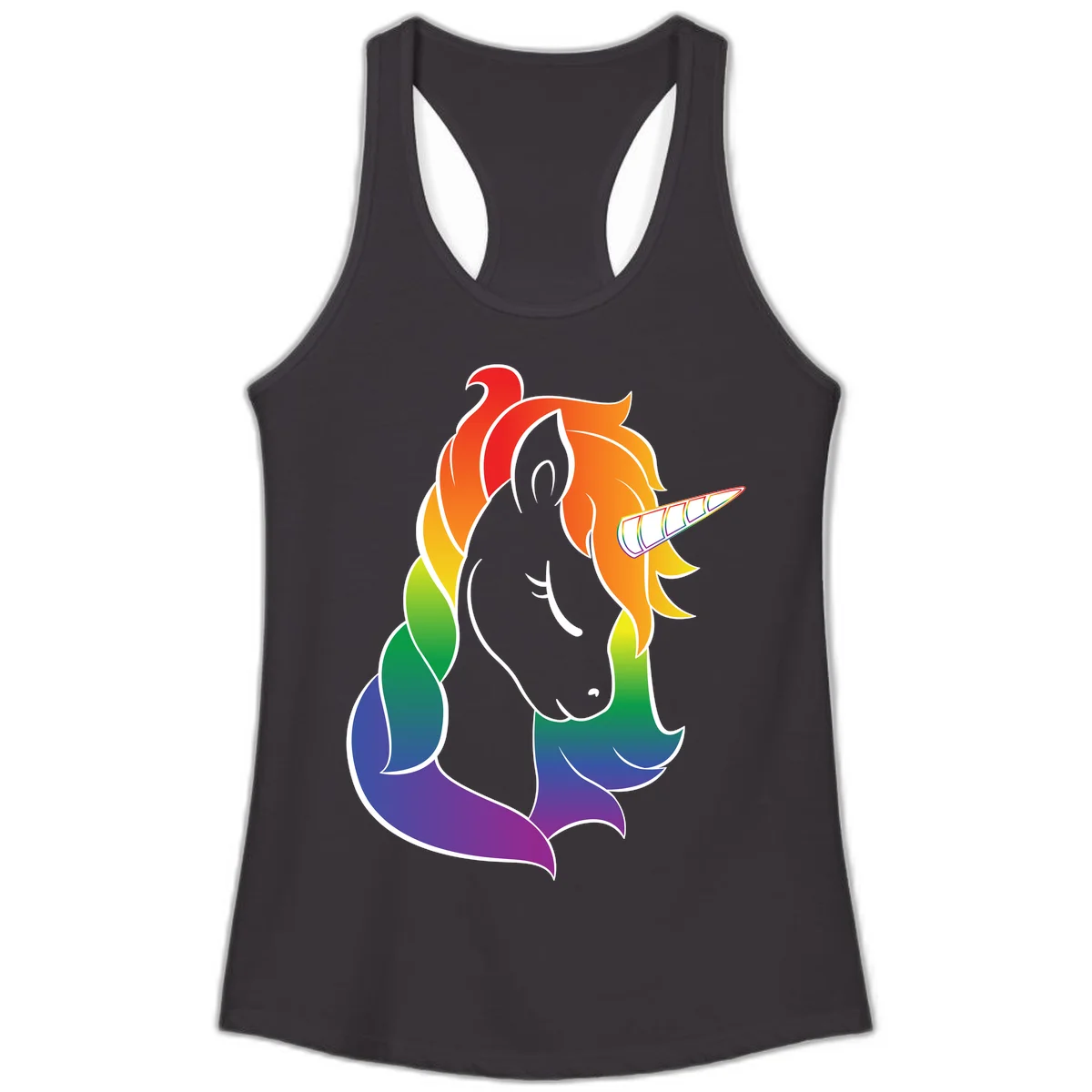 Rainbow pride unicorn illustration with gray head, multicolor mane and tail, and spiral horn in red, orange, yellow, green, blue, and purple in Black