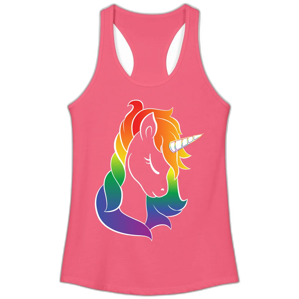 Rainbow pride unicorn illustration with gray head, multicolor mane and tail, and spiral horn in red, orange, yellow, green, blue, and purple in Hot Pink