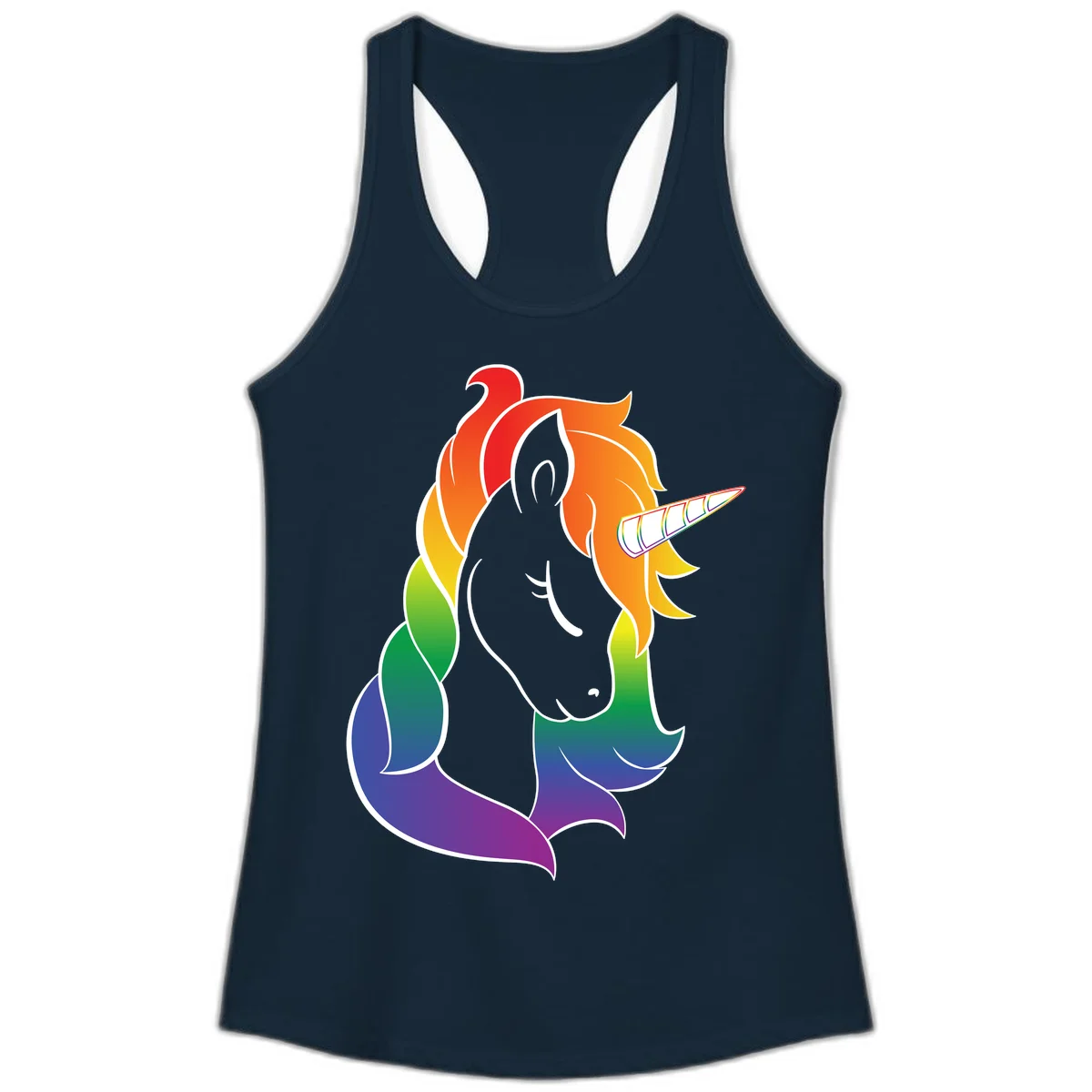 Rainbow pride unicorn illustration with gray head, multicolor mane and tail, and spiral horn in red, orange, yellow, green, blue, and purple in Solid Midnight Navy