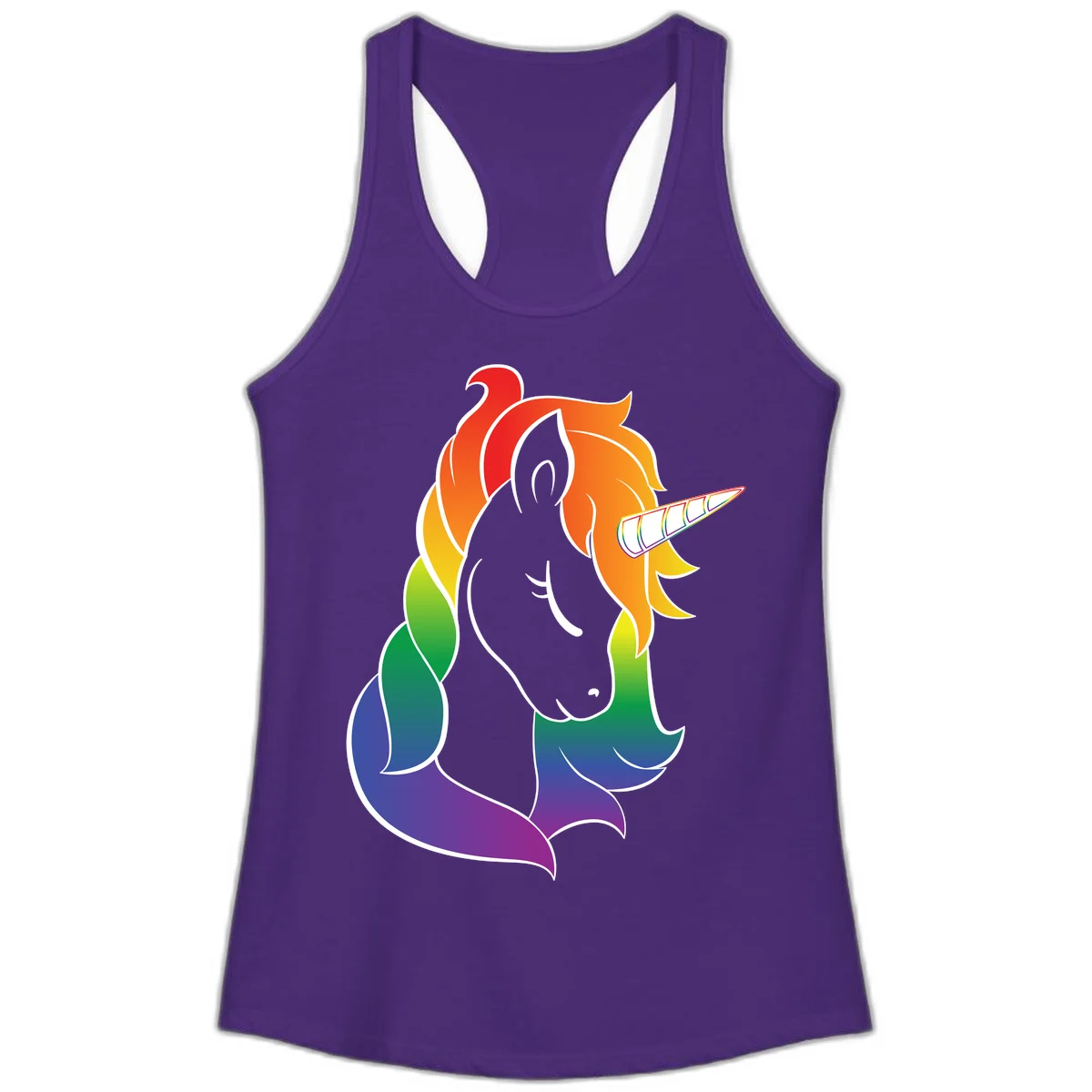 Rainbow pride unicorn illustration with gray head, multicolor mane and tail, and spiral horn in red, orange, yellow, green, blue, and purple in Solid Purple Rush