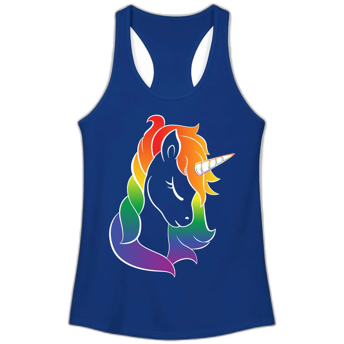 Rainbow pride unicorn illustration with gray head, multicolor mane and tail, and spiral horn in red, orange, yellow, green, blue, and purple in Solid Royal