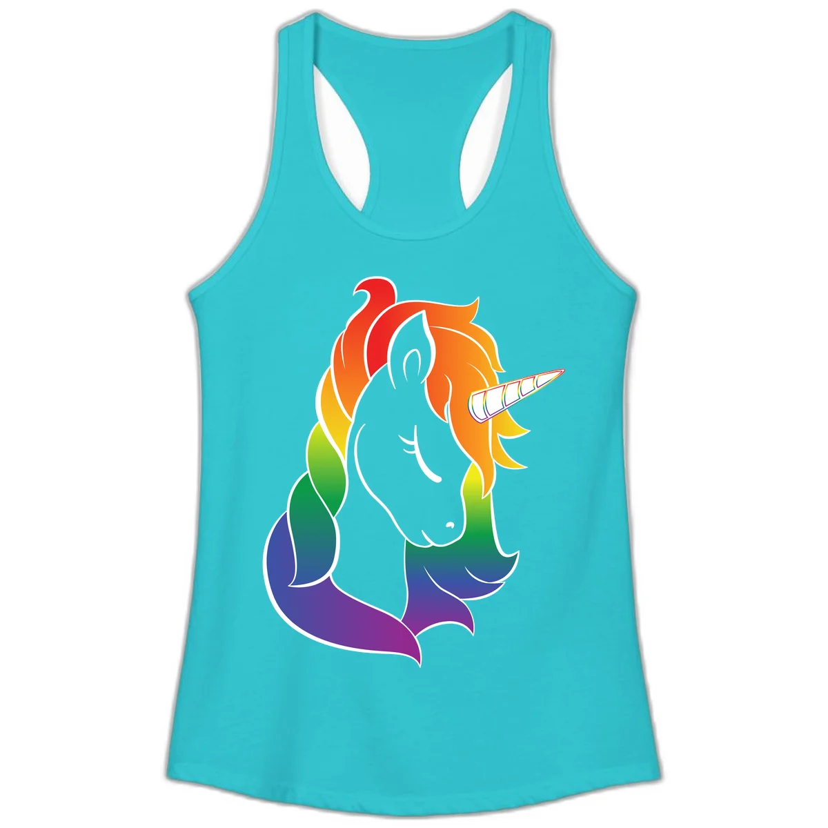 Rainbow pride unicorn illustration with gray head, multicolor mane and tail, and spiral horn in red, orange, yellow, green, blue, and purple in Solid Tahiti Blue