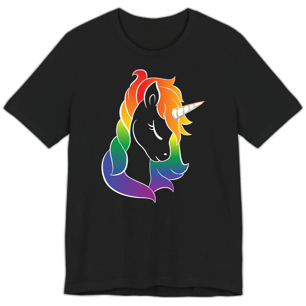 Rainbow pride unicorn illustration with gray head, multicolor mane and tail, and spiral horn in red, orange, yellow, green, blue, and purple in Black