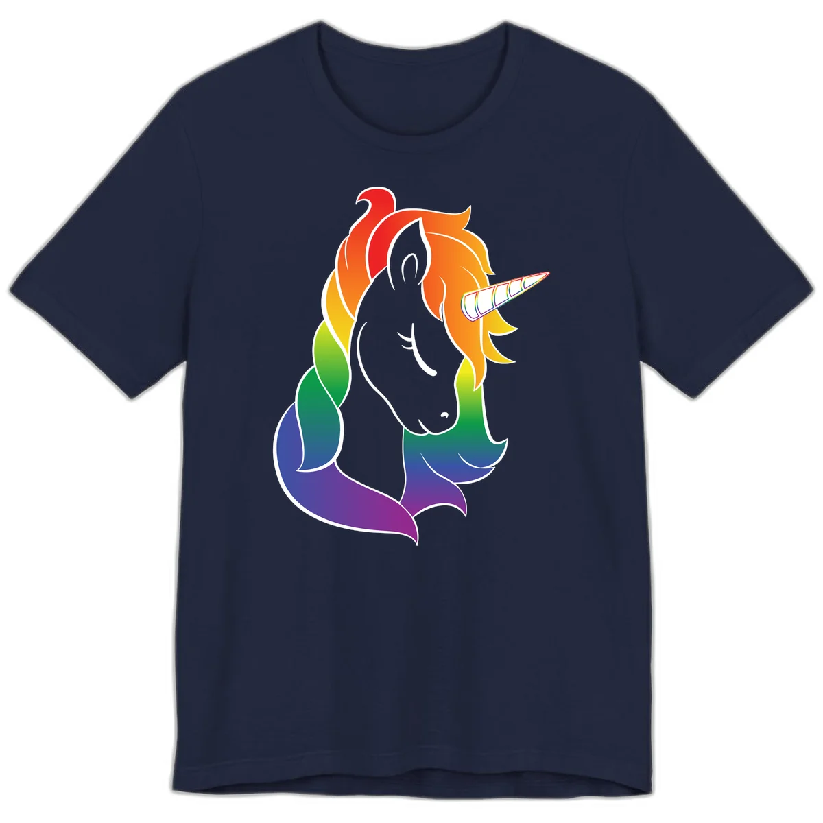 Rainbow pride unicorn illustration with gray head, multicolor mane and tail, and spiral horn in red, orange, yellow, green, blue, and purple in Navy