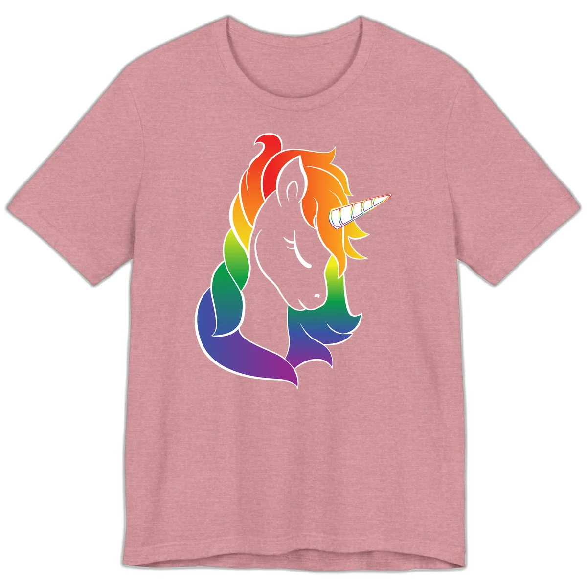 Rainbow pride unicorn illustration with gray head, multicolor mane and tail, and spiral horn in red, orange, yellow, green, blue, and purple in Heather Orchid