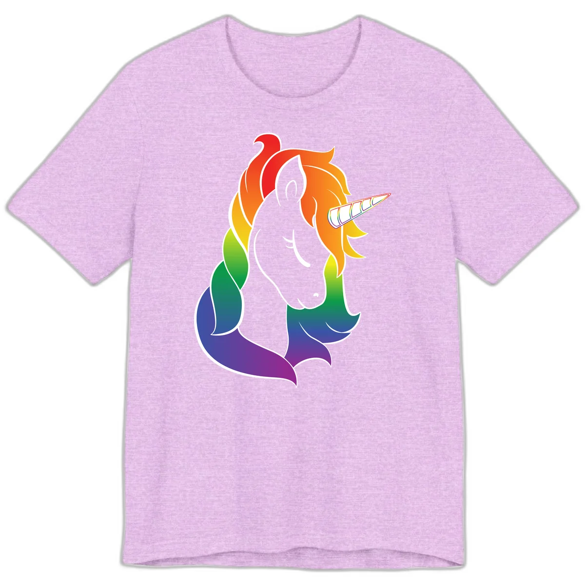 Rainbow pride unicorn illustration with gray head, multicolor mane and tail, and spiral horn in red, orange, yellow, green, blue, and purple in Heather Prism Lilac