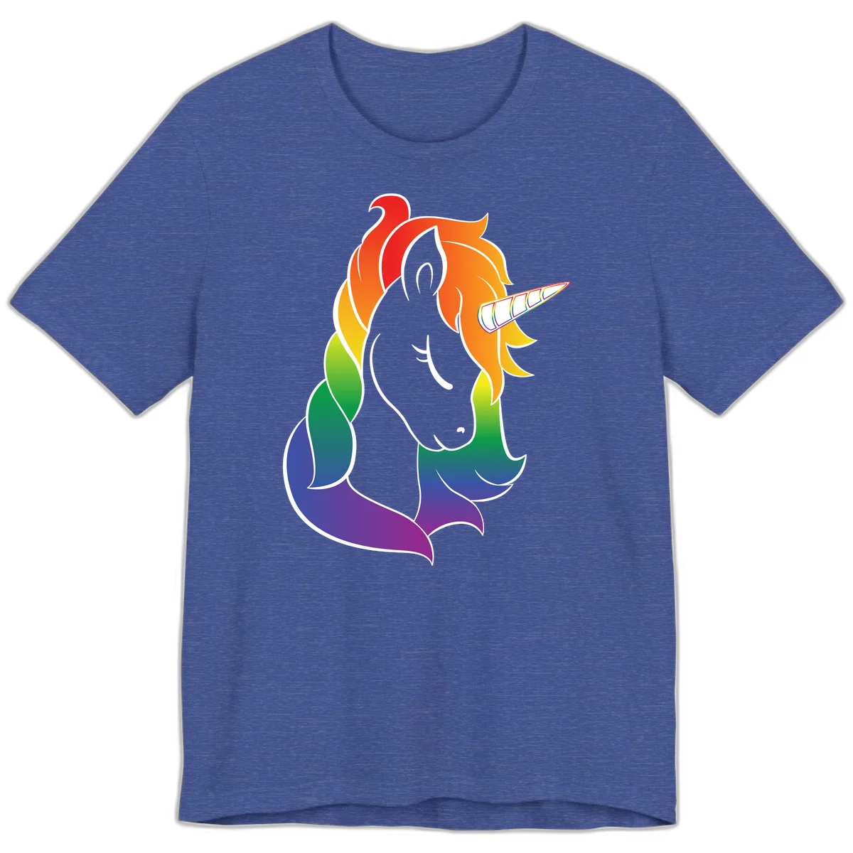 Rainbow pride unicorn illustration with gray head, multicolor mane and tail, and spiral horn in red, orange, yellow, green, blue, and purple in Heather True Royal