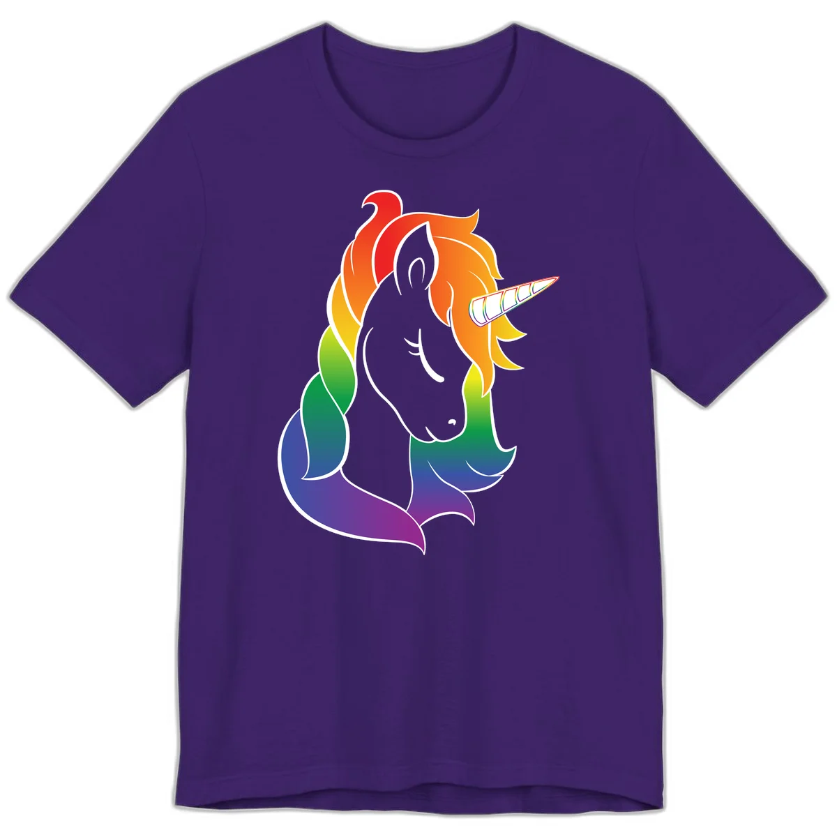 Rainbow pride unicorn illustration with gray head, multicolor mane and tail, and spiral horn in red, orange, yellow, green, blue, and purple in Team Purple