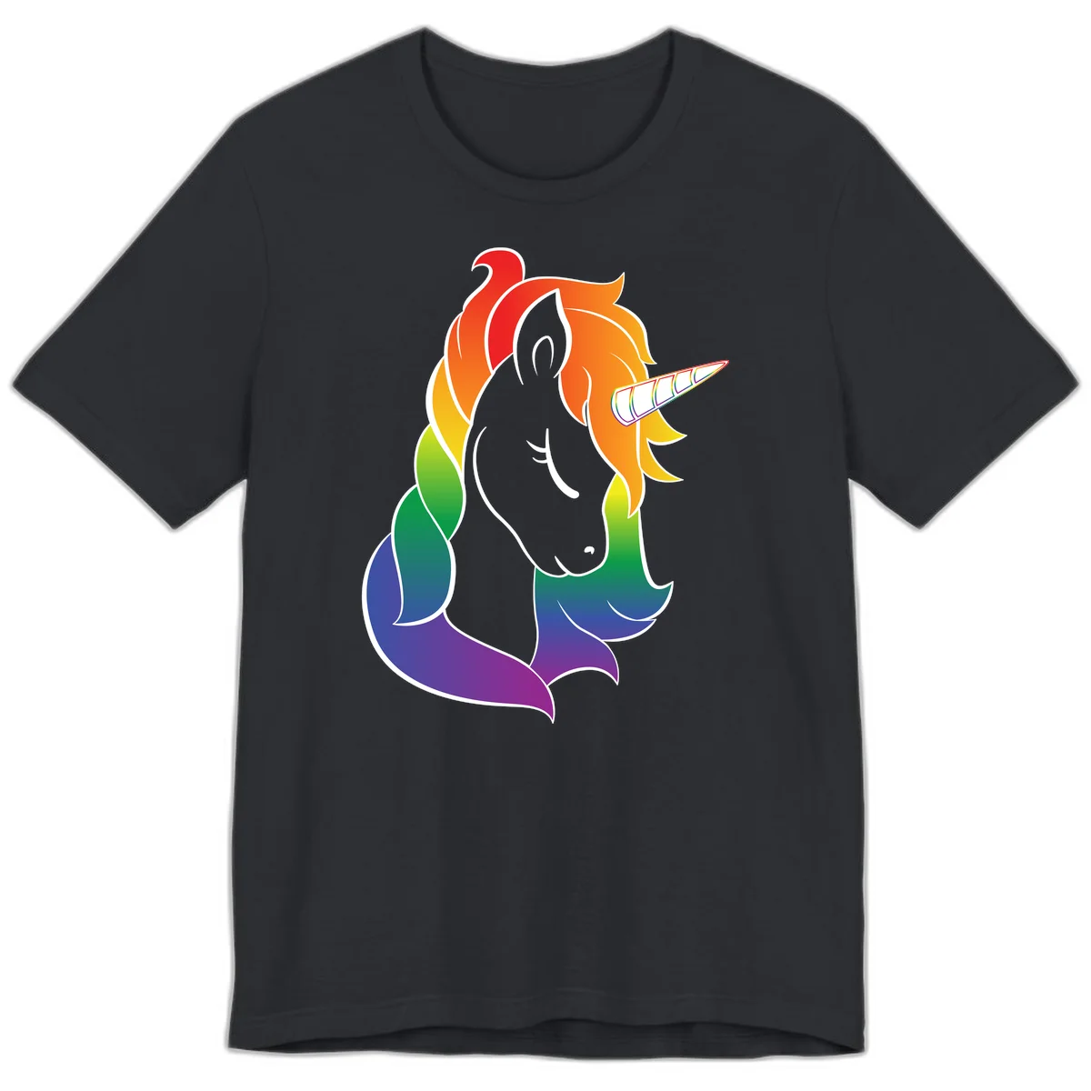 Rainbow pride unicorn illustration with gray head, multicolor mane and tail, and spiral horn in red, orange, yellow, green, blue, and purple in Vintage Black