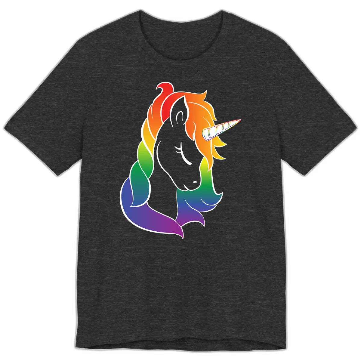 Rainbow pride unicorn illustration with gray head, multicolor mane and tail, and spiral horn in red, orange, yellow, green, blue, and purple in Dark Grey Heather