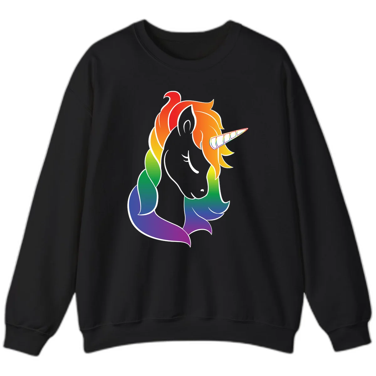 Rainbow pride unicorn illustration with gray head, multicolor mane and tail, and spiral horn in red, orange, yellow, green, blue, and purple in Black