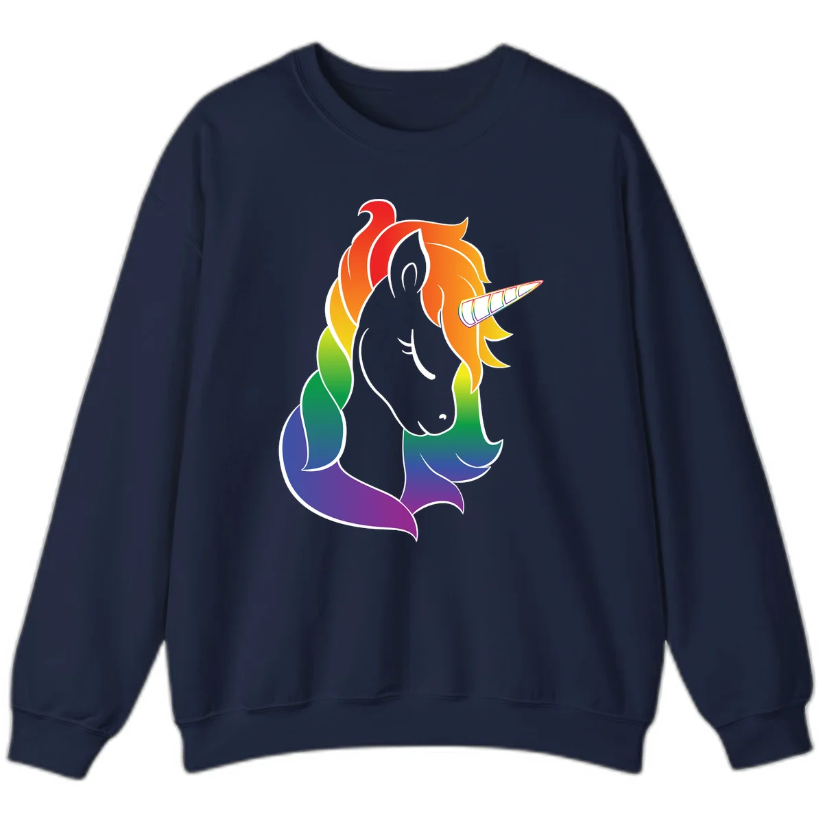 Rainbow pride unicorn illustration with gray head, multicolor mane and tail, and spiral horn in red, orange, yellow, green, blue, and purple in Navy
