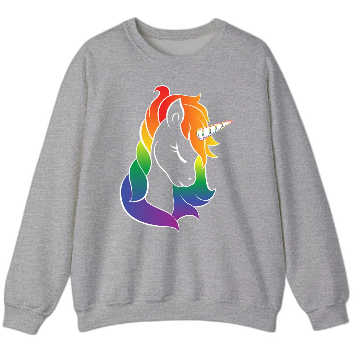 Rainbow pride unicorn illustration with gray head, multicolor mane and tail, and spiral horn in red, orange, yellow, green, blue, and purple in Sport Grey