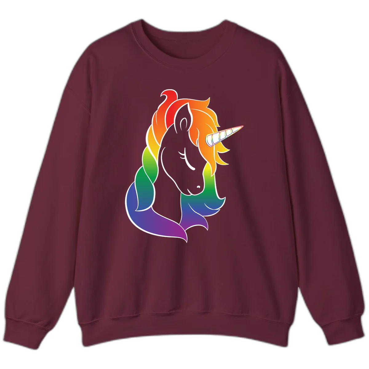 Rainbow pride unicorn illustration with gray head, multicolor mane and tail, and spiral horn in red, orange, yellow, green, blue, and purple in Maroon
