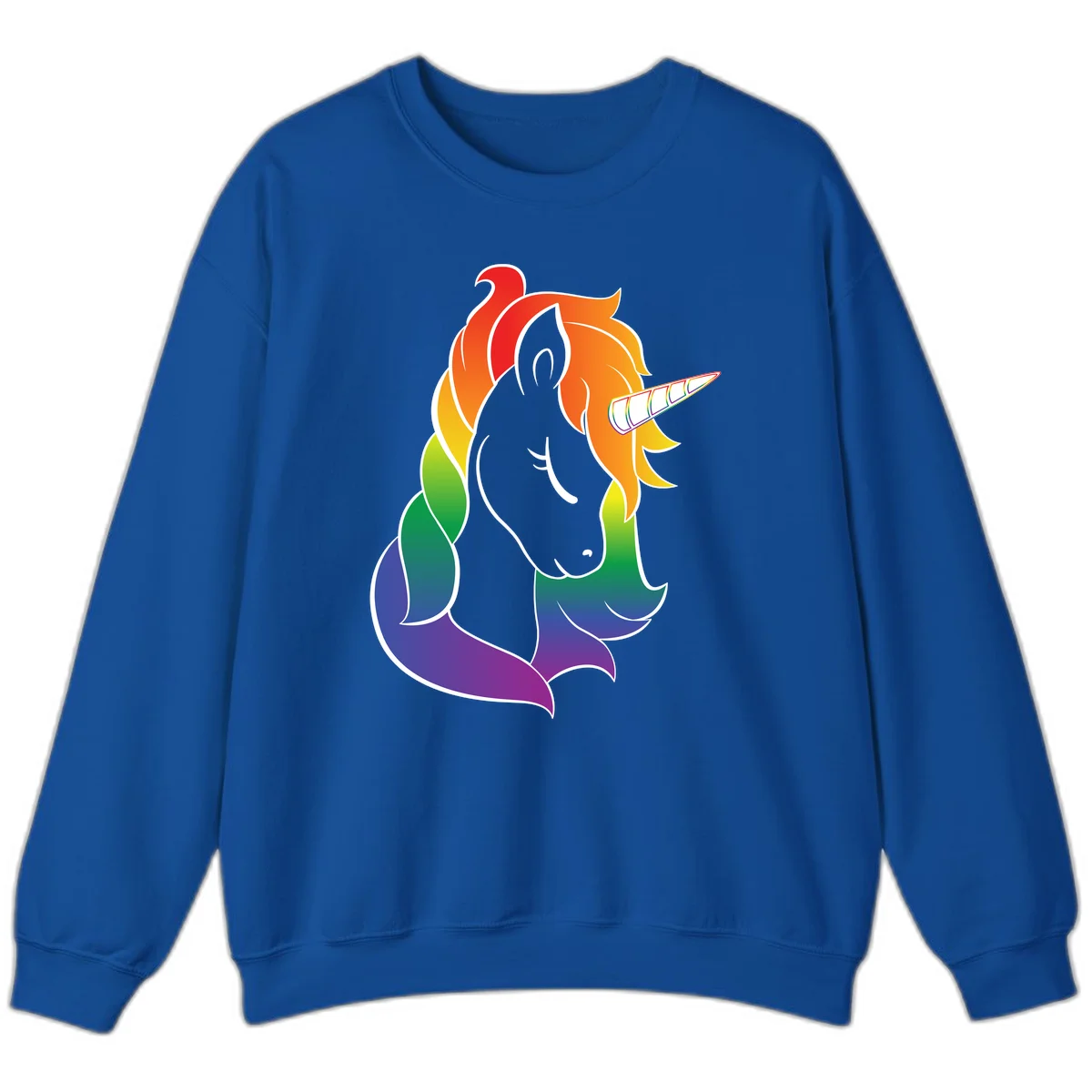 Rainbow pride unicorn illustration with gray head, multicolor mane and tail, and spiral horn in red, orange, yellow, green, blue, and purple in Royal