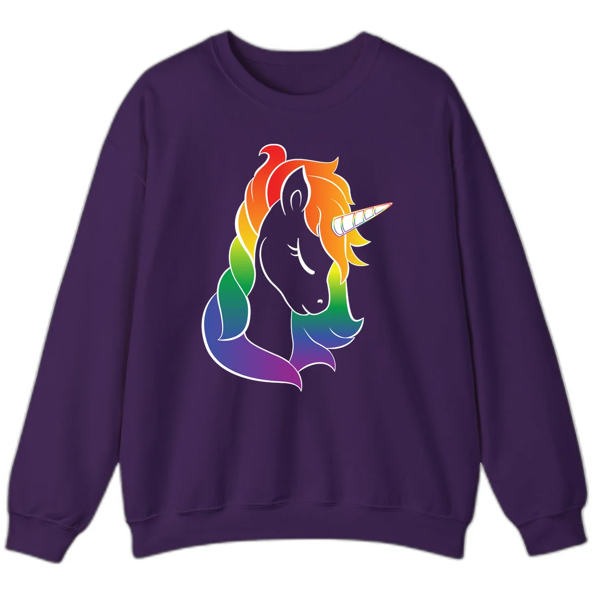 Rainbow pride unicorn illustration with gray head, multicolor mane and tail, and spiral horn in red, orange, yellow, green, blue, and purple in Purple