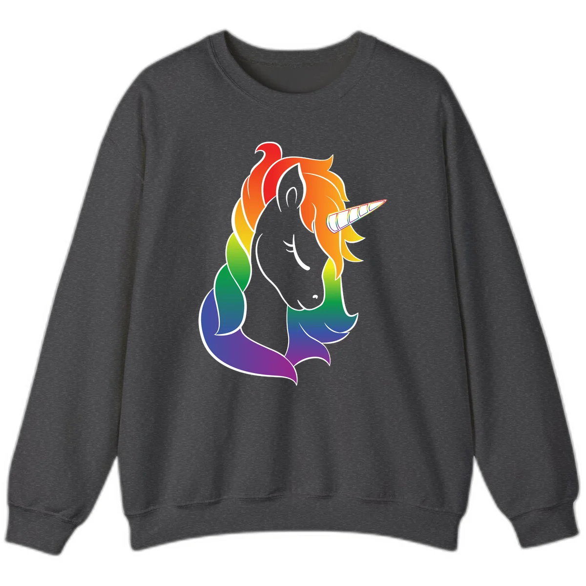 Rainbow pride unicorn illustration with gray head, multicolor mane and tail, and spiral horn in red, orange, yellow, green, blue, and purple in Dark Heather