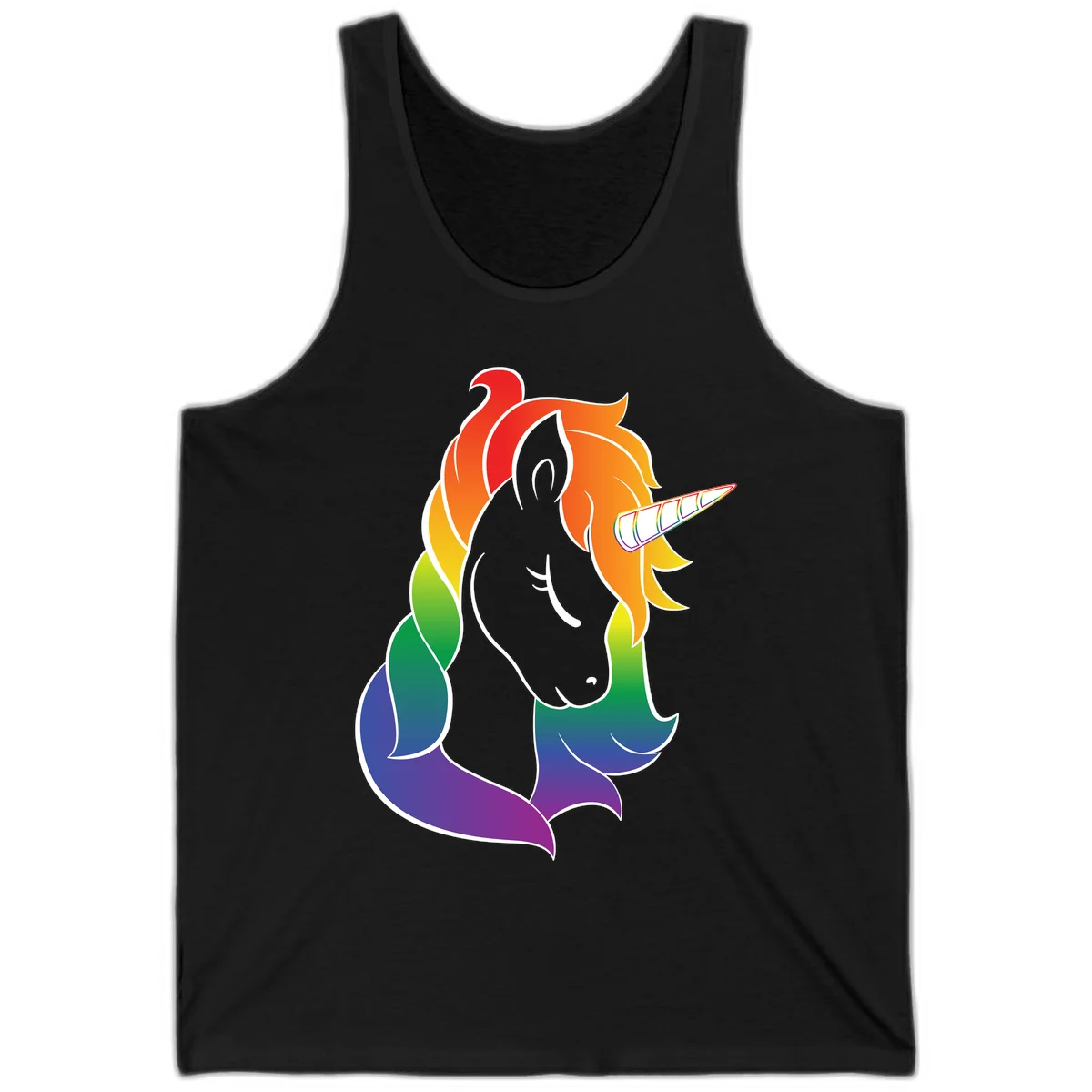 Rainbow pride unicorn illustration with gray head, multicolor mane and tail, and spiral horn in red, orange, yellow, green, blue, and purple in Black
