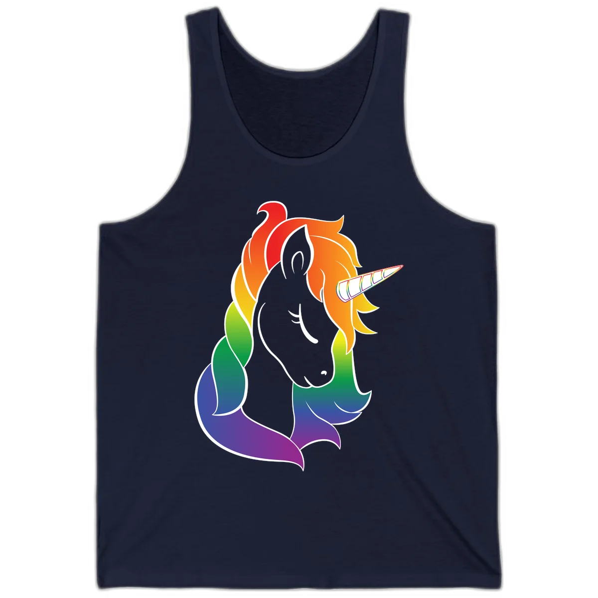 Rainbow pride unicorn illustration with gray head, multicolor mane and tail, and spiral horn in red, orange, yellow, green, blue, and purple in Navy