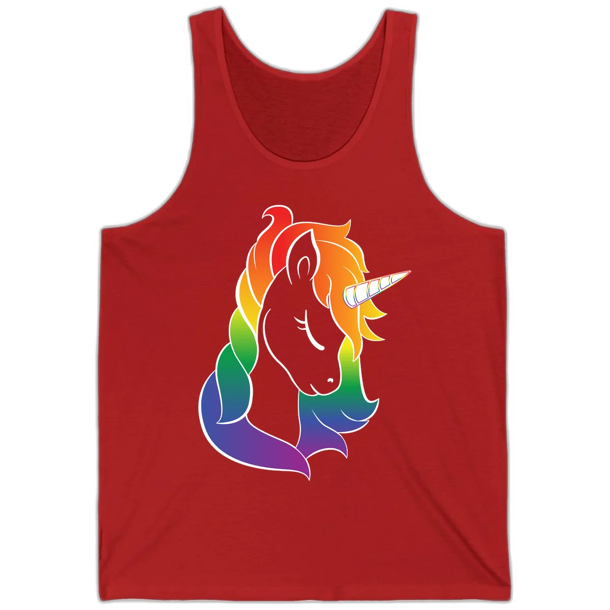 Rainbow pride unicorn illustration with gray head, multicolor mane and tail, and spiral horn in red, orange, yellow, green, blue, and purple in Red