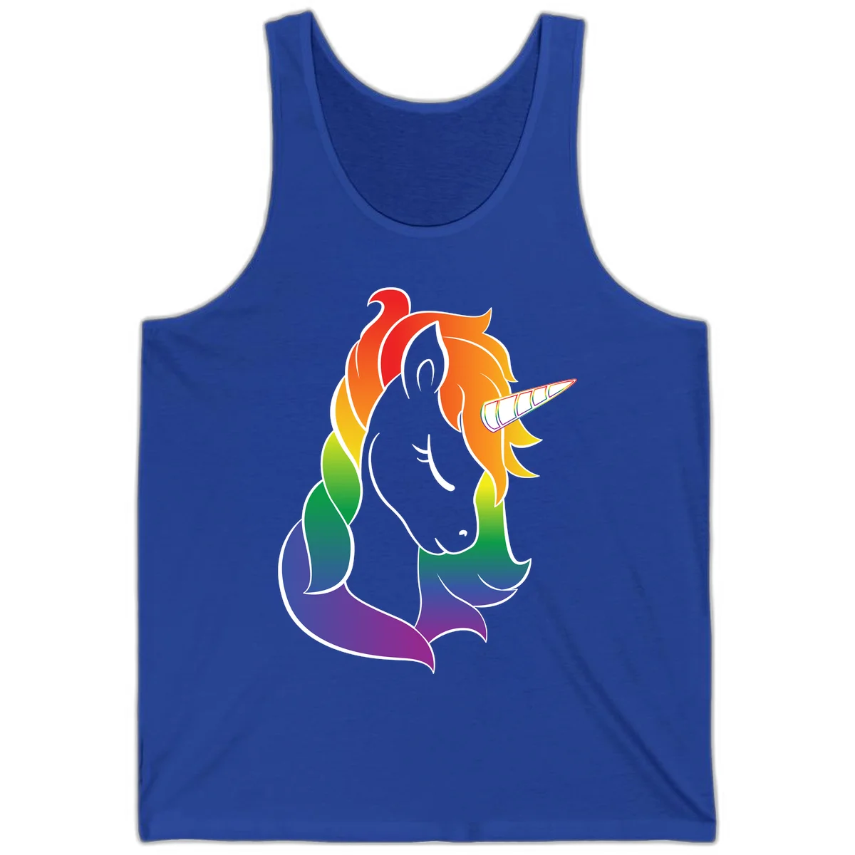 Rainbow pride unicorn illustration with gray head, multicolor mane and tail, and spiral horn in red, orange, yellow, green, blue, and purple in True Royal