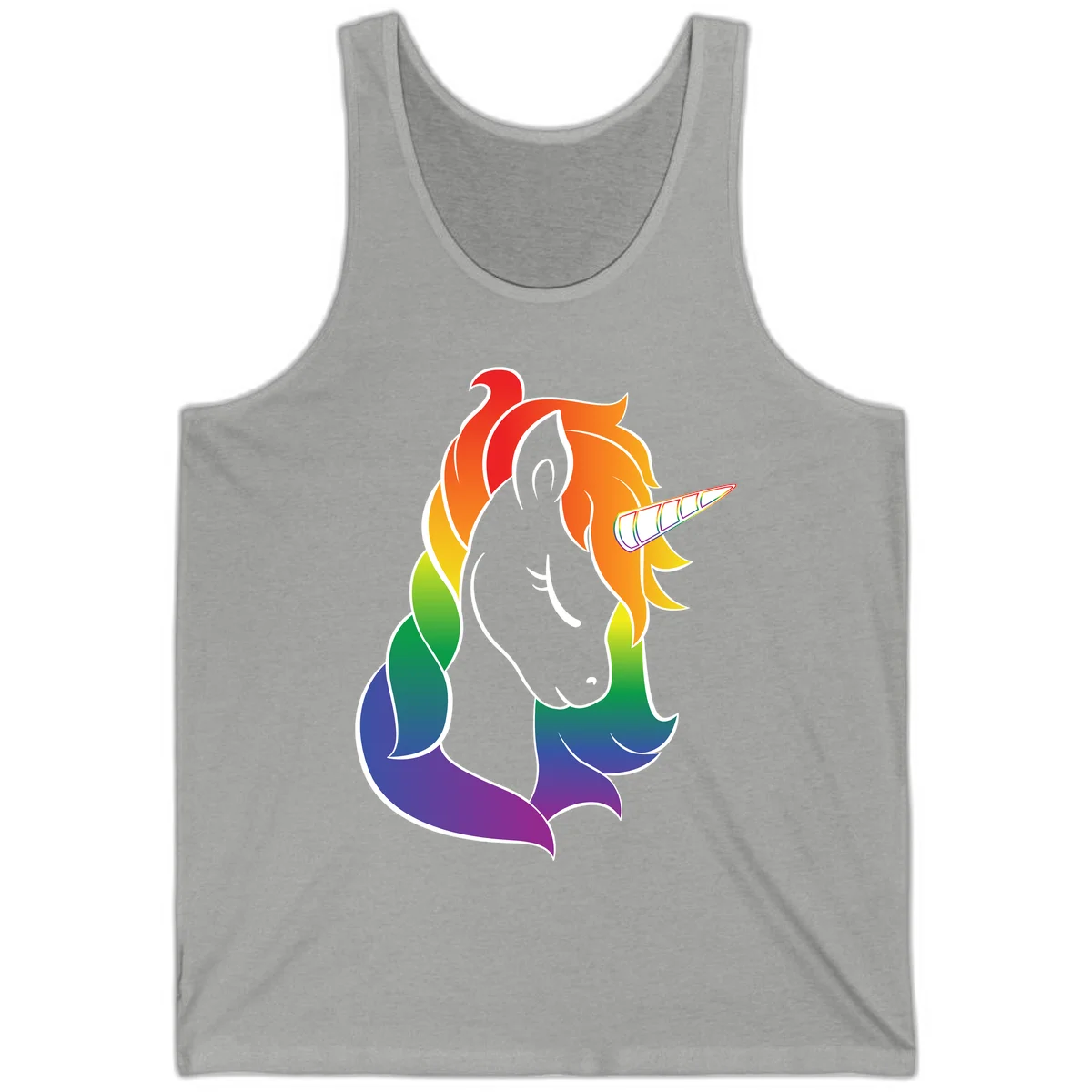 Rainbow pride unicorn illustration with gray head, multicolor mane and tail, and spiral horn in red, orange, yellow, green, blue, and purple in Athletic Heather