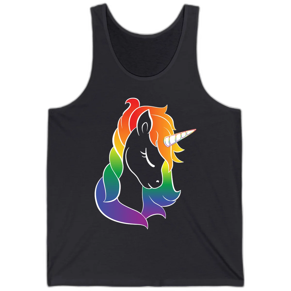 Rainbow pride unicorn illustration with gray head, multicolor mane and tail, and spiral horn in red, orange, yellow, green, blue, and purple in Dark Grey
